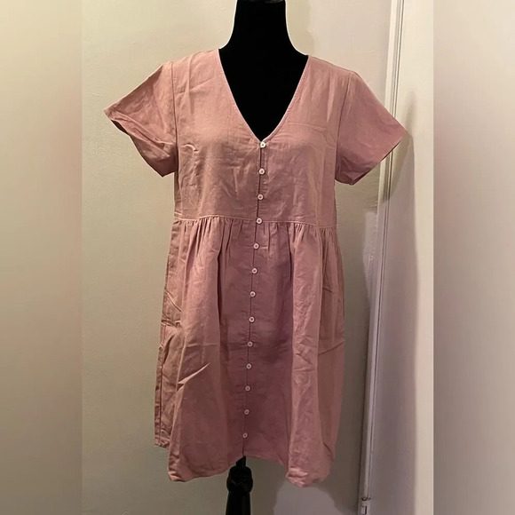 MADEWELL Linen Blend V-Neck Button Front Mini Dress in Antique Coral - Picture 4 of 9